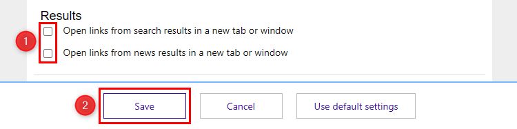 The Results options and Save button in Bing's settings.