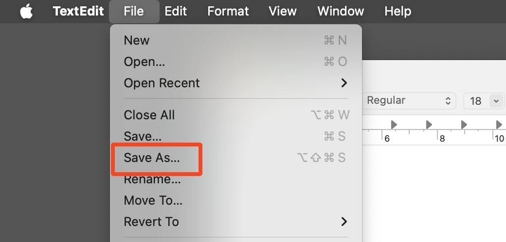 The Save As option showing in TextEdit.
