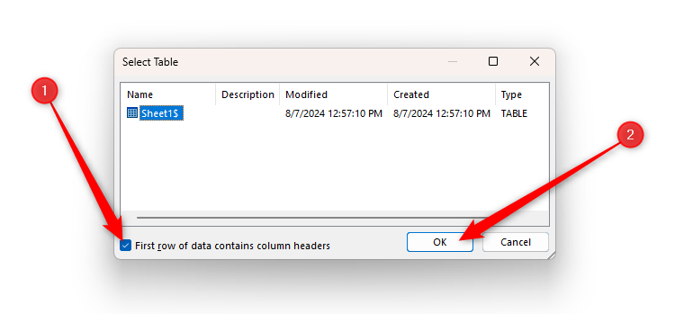 The Select Table dialog box in Word, which enables the importing of an Excel table in mail merge.