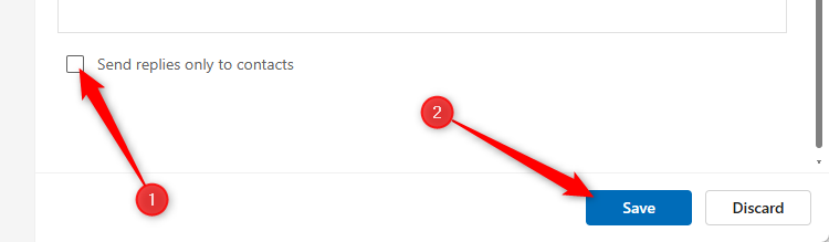 The Send Replies Only To Contacts option in the new Microsoft Outlook is unchecked, and the Save button is selected.