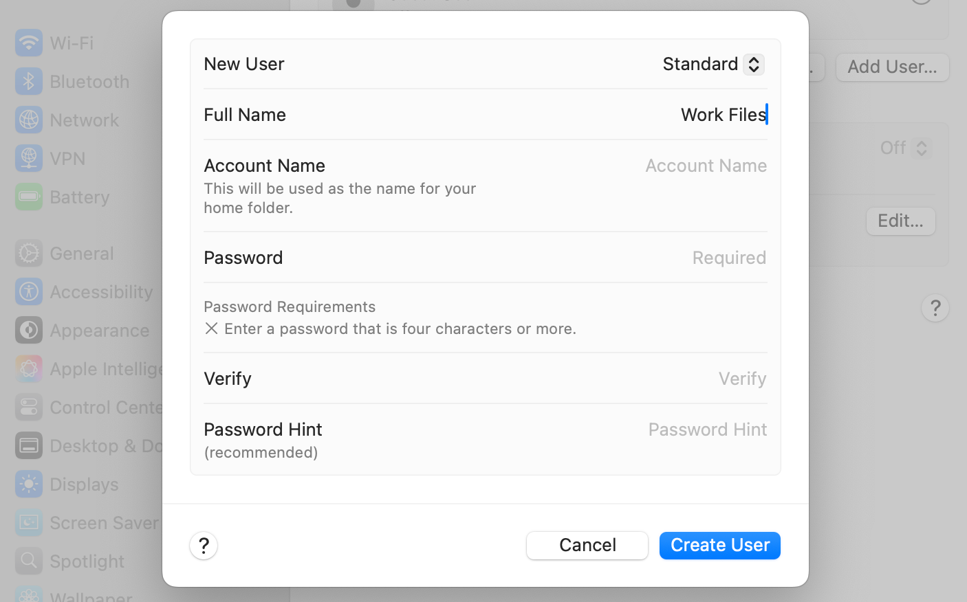 The settings to create a new user account.