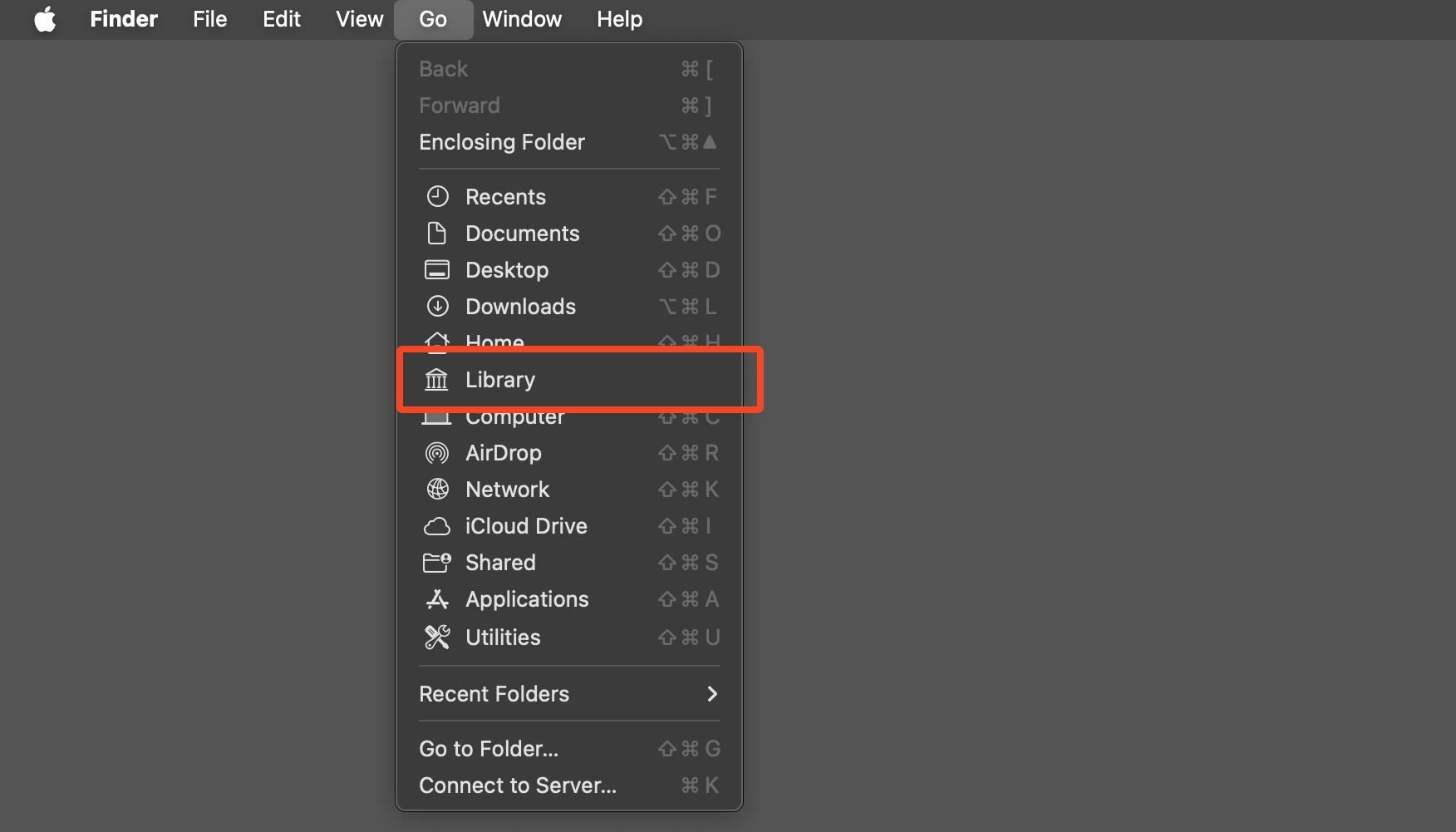 The shortcut to the hidden Library folder in macOS.