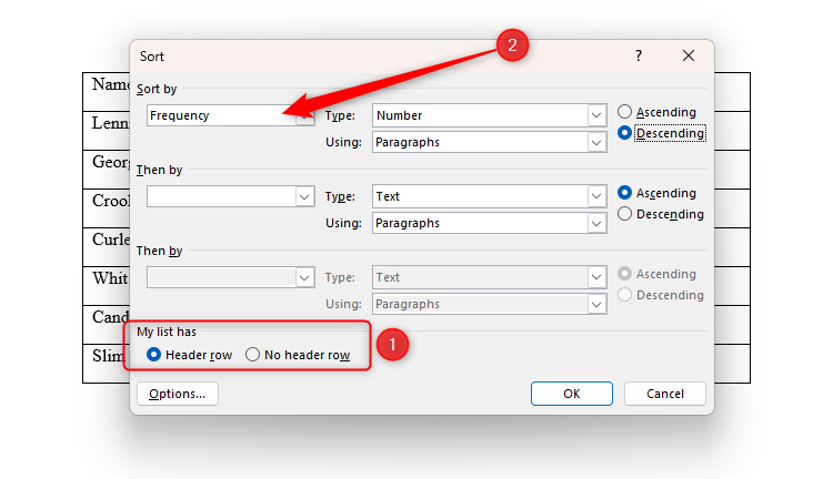 The Sort dialog box in Microsoft Word, with the 'Header Row' radiobox checked, and the 'Sort By' option changed to 'Frequency'.