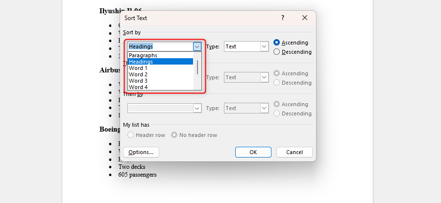 The Sort Text dialog box in Microsoft Word, with Headings selected in the Sort By drop-down box.