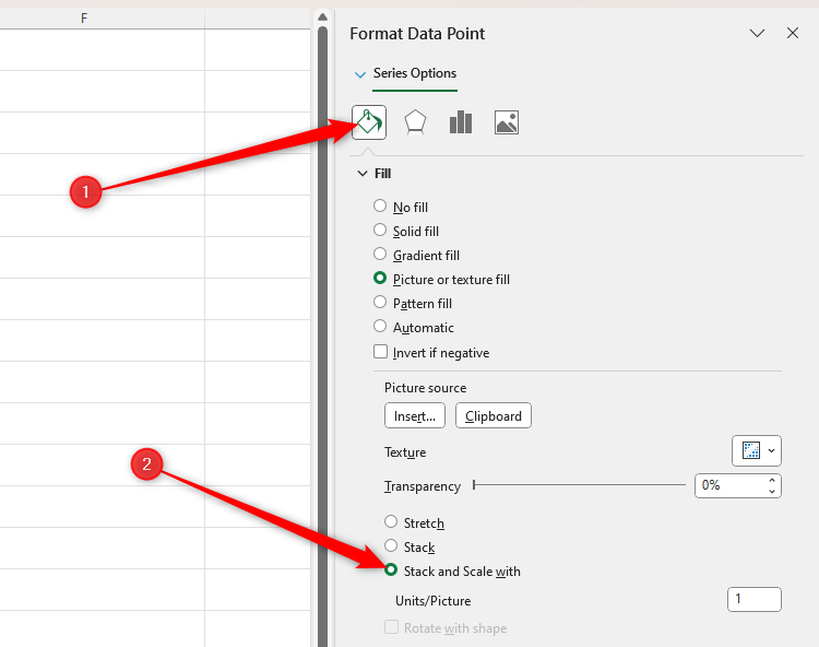 The Stack And Scale With option in Excel's Format Data Point sidebar.