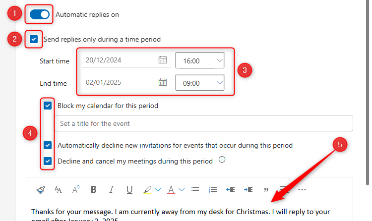 The steps in Microsoft Outlook to set automatic replies, including the relevant checkboxes, the start and end date and time, and the automatic message.