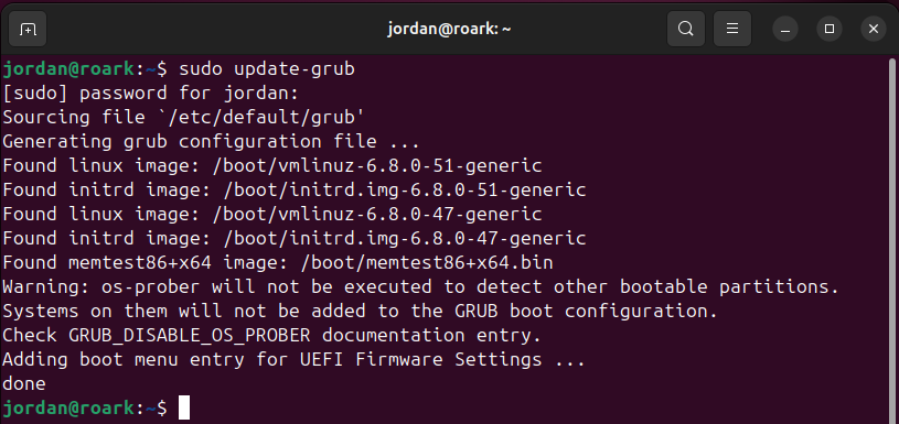 The Ubuntu terminal showing the readout of the update-grub command.