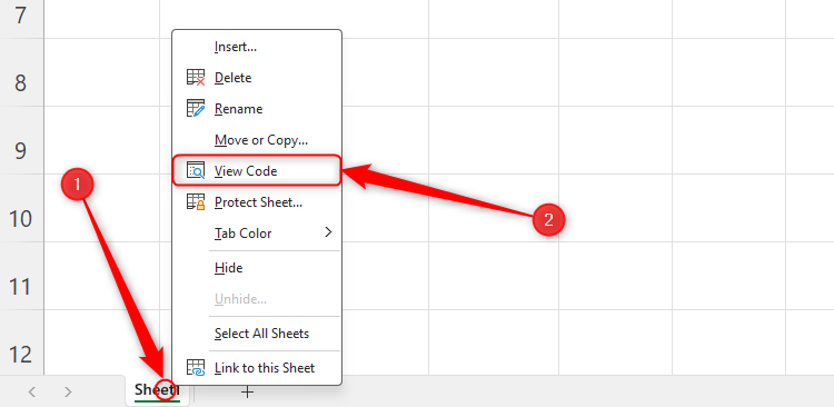 The View Code option in Excel, accessed by right-clicking a worksheet tab.