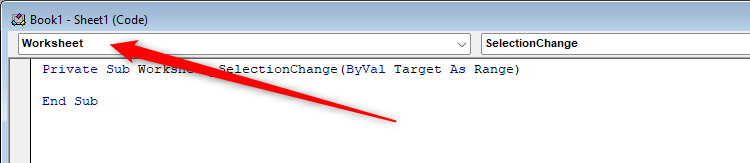 The Worksheet option in Excel's VBA window.