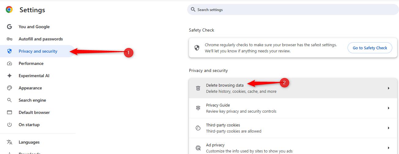 Numbered arrows pointing to "Privacy and security" and then "delete browsing data" on Google Chrome settings.