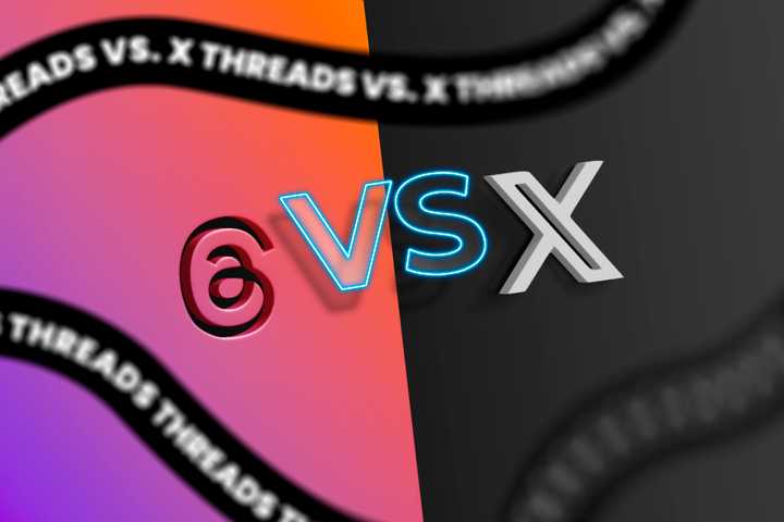 Threads logo on the left and X logo on the right with a 'VS' between them.