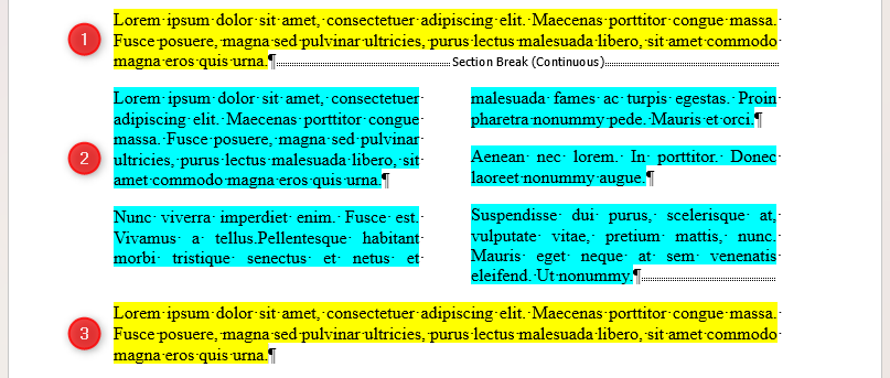 Three sections of a page in a Word document, with the middle section split into two columns.