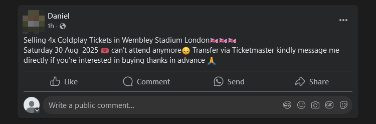 A post on Facebook of someone claiming to have Coldplay tickets for sale.