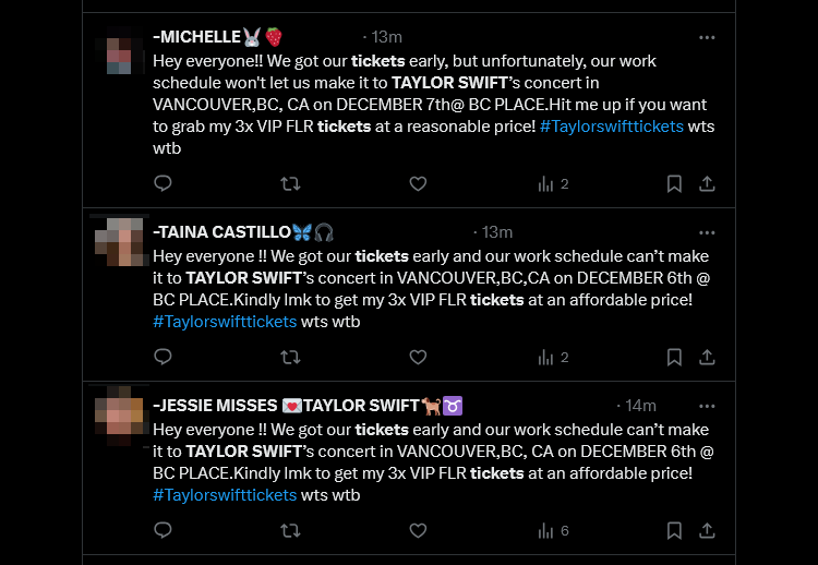 Multiple posts on X (Twitter) of people claiming to have Taylor Swift tickets for sale.