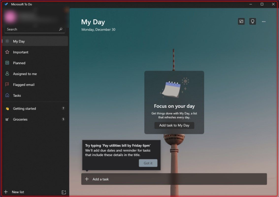 Microsoft To-Do app open on first page, showing empty "My Day" to do list.