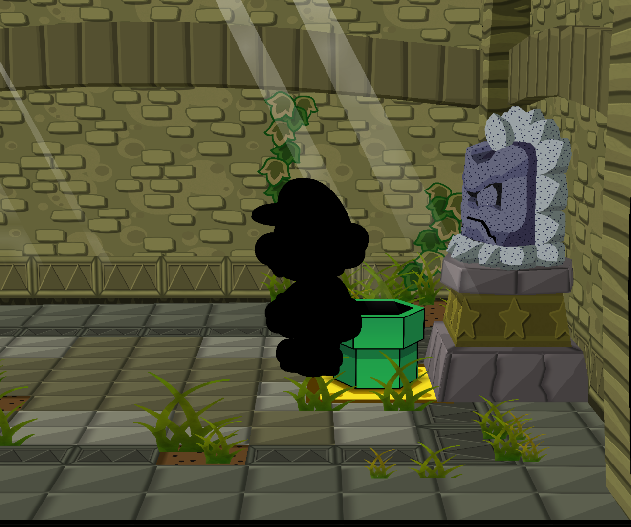 A screenshot of Paper Mario: The Thousand Year Door with Mario as a solid black texture.