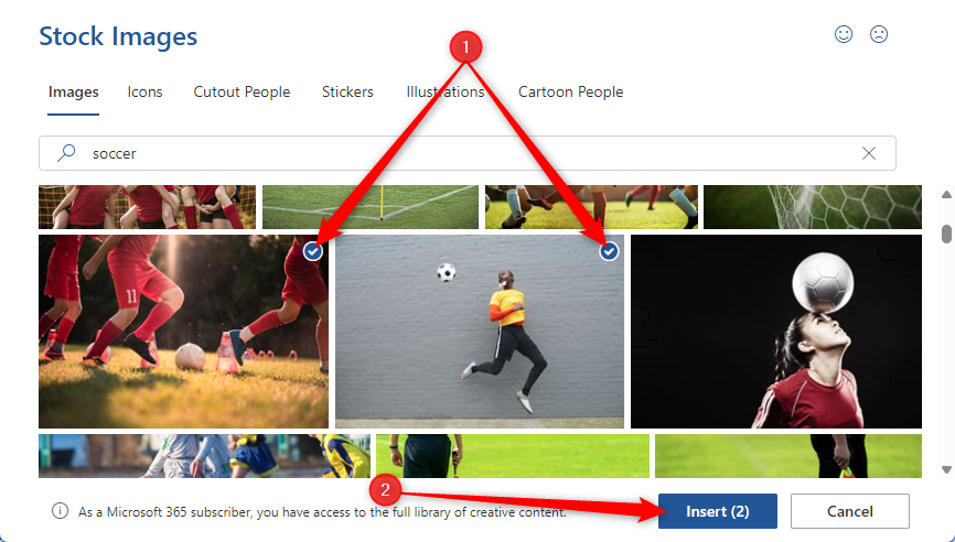 Two stock images in Microsoft Word are selected, and the Insert button is highlighted.
