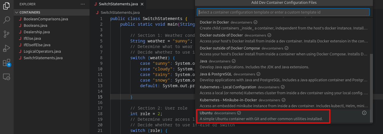 VSCode container configuration showing Ubuntu installation option.