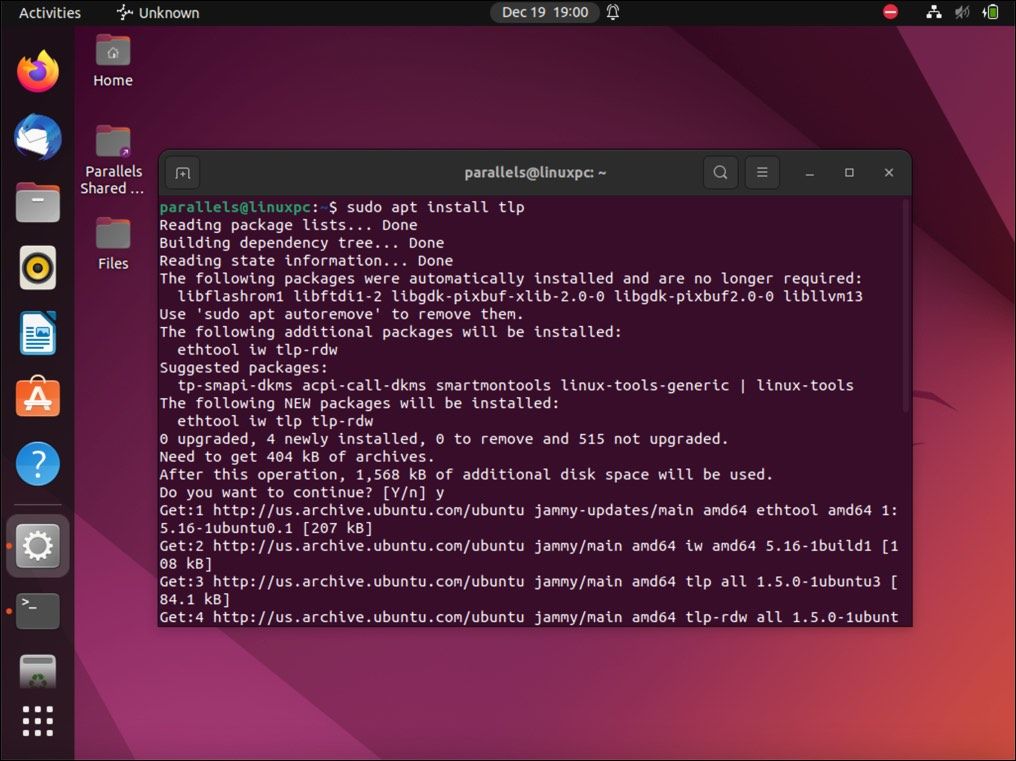 In the Ubuntu terminal, run the command "sudo apt install tlp" to install the TLP package for battery management.