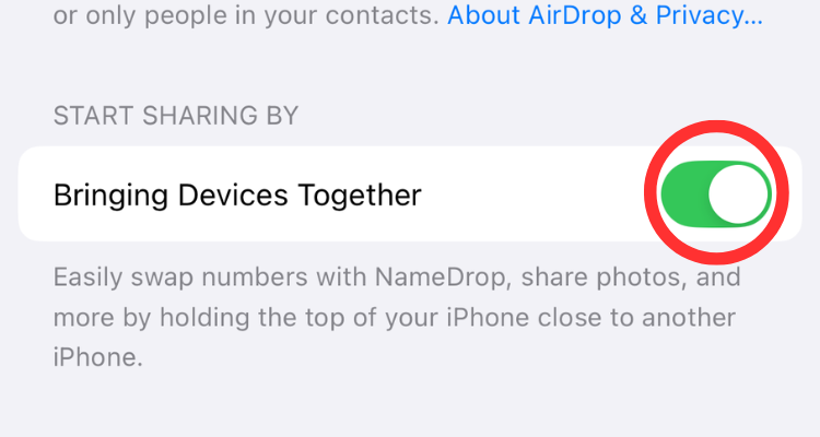 Screenshot of the Bringing Devices Together option in the AirDrop settings menu.