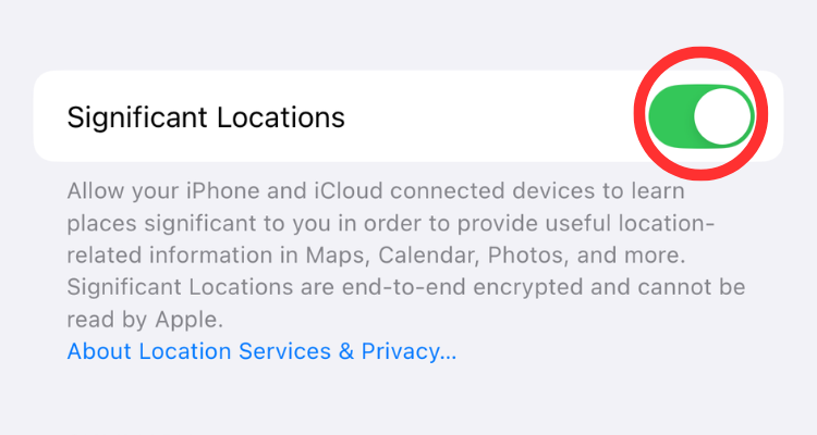 Screenshot of the Significant Locations button in the Location Services menu.