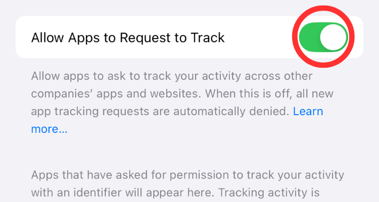 Screenshot of the app tracking option in the location and privacy option menu.