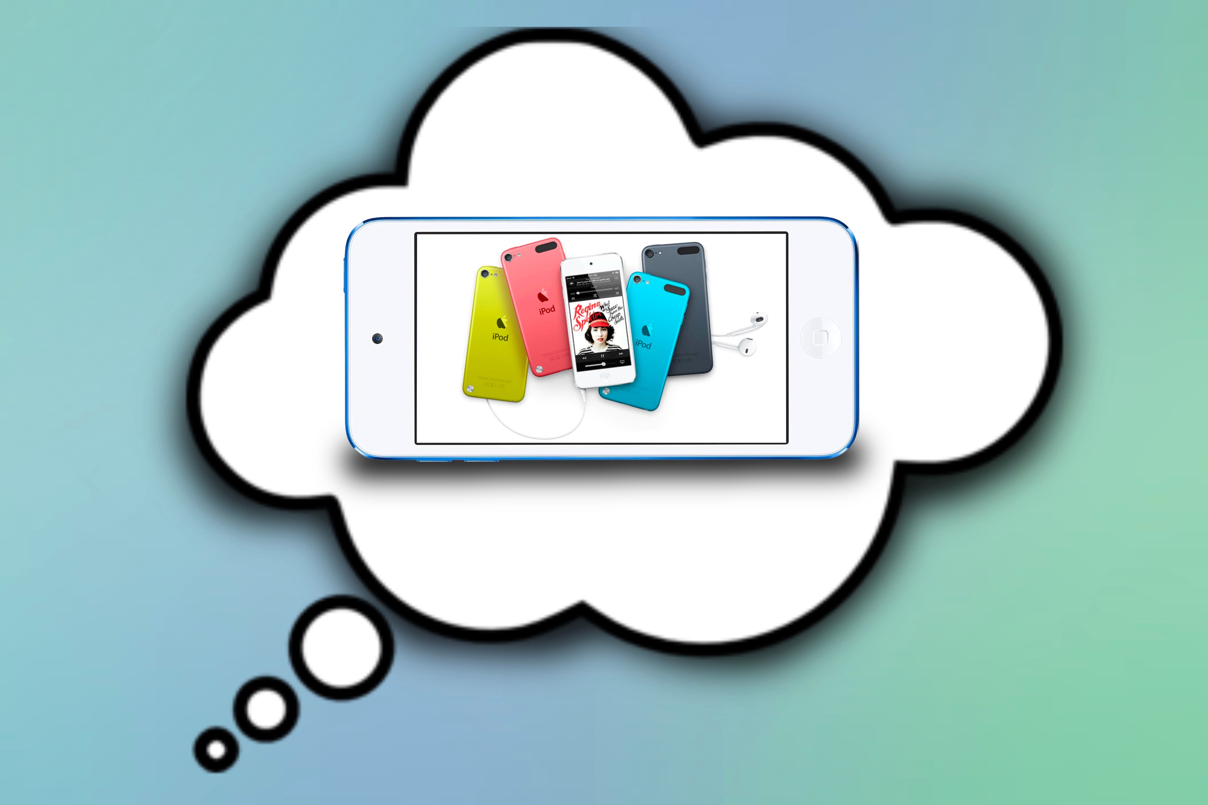 Синий iPod touch в пузыре памяти с красочным градиентом на заднем плане.