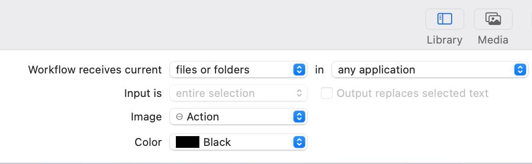 Setting Workflow Receives Current and In options for a Quick Action in Automator app.