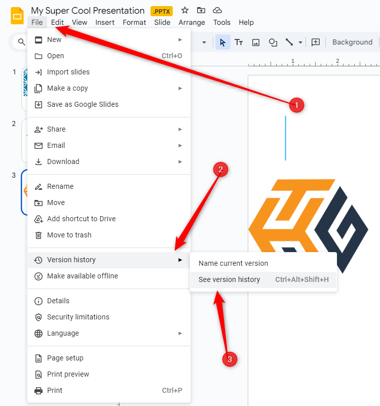 The "File" menu with the "Version History" sub-menu opened in Google Slides.