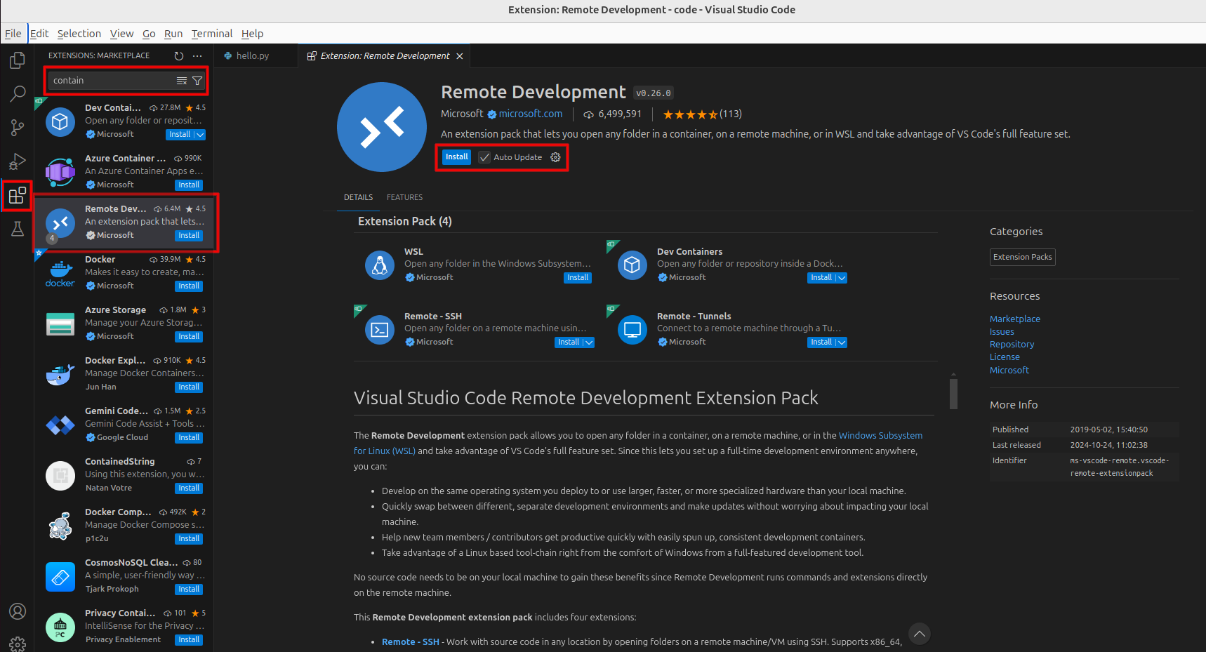 VS Code showing installation screen for remote development extensions.