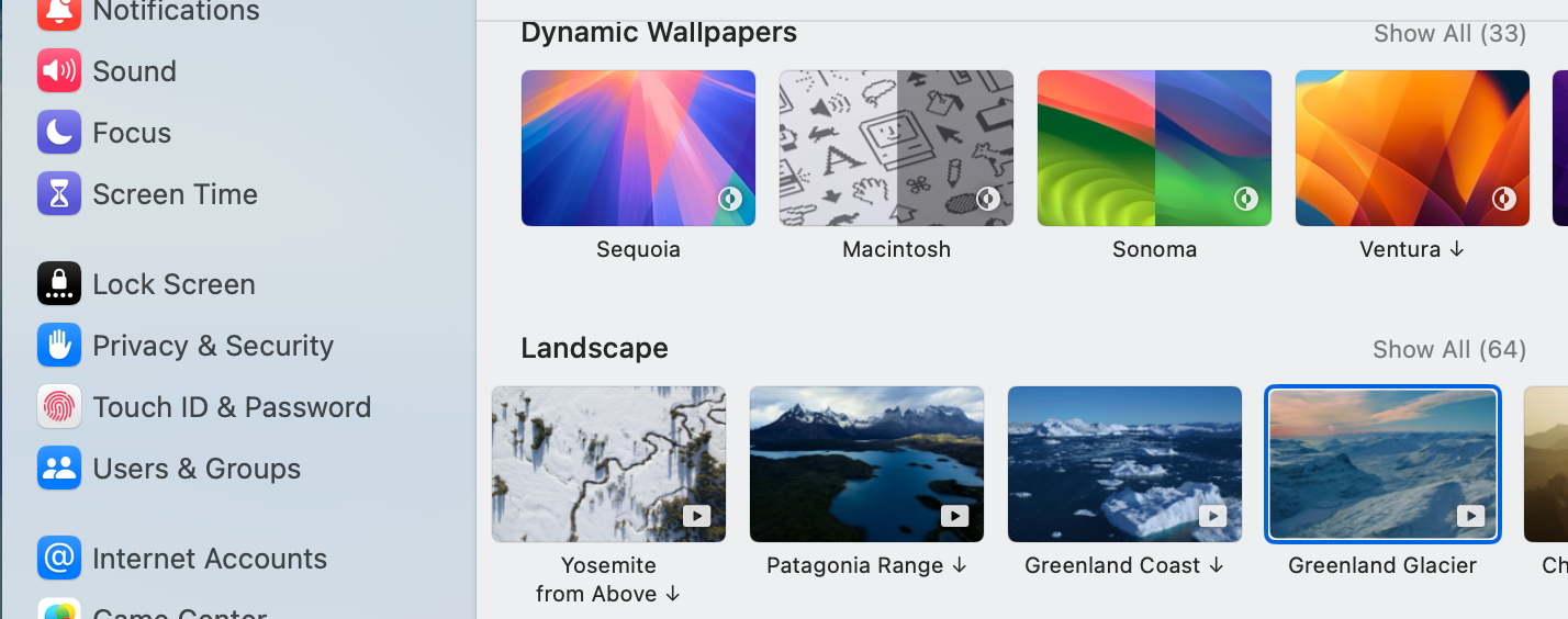 Wallpaper options in the Settings app on a Mac.