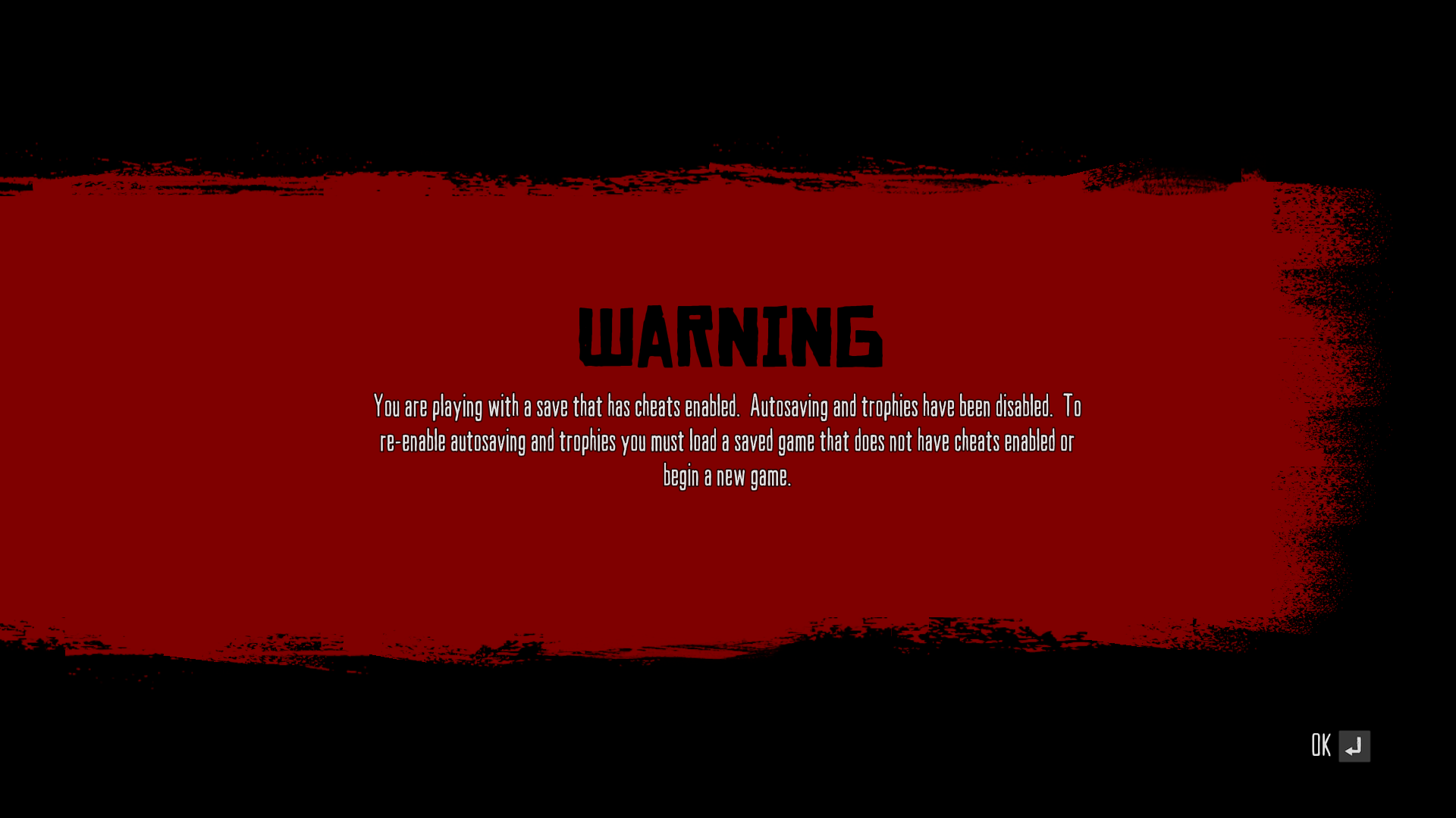 The warning for enabling cheats in Red Dead Redemption.