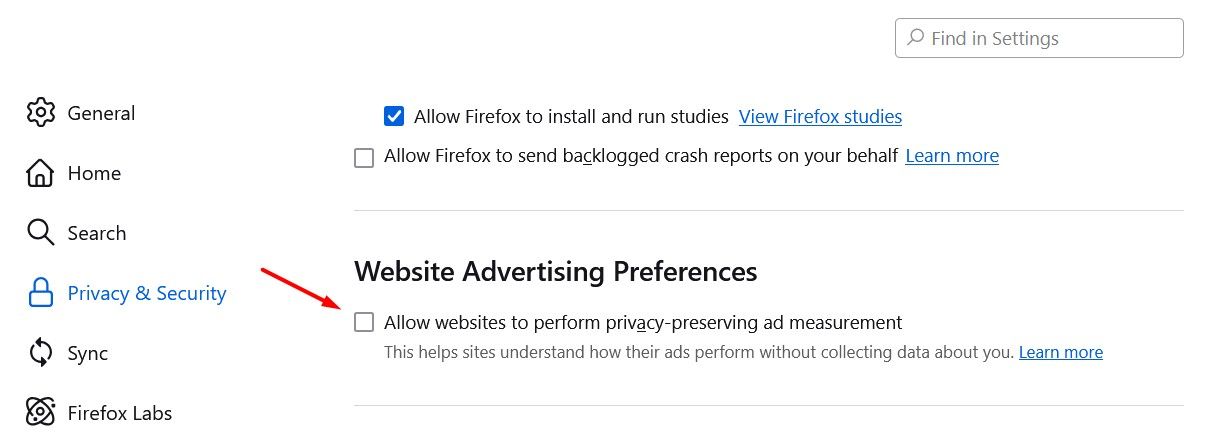 Website Advertising Preferences section in Firefox.