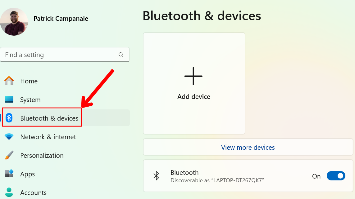 Windows 11 settings panel showing the Bluetooth & Devices page.