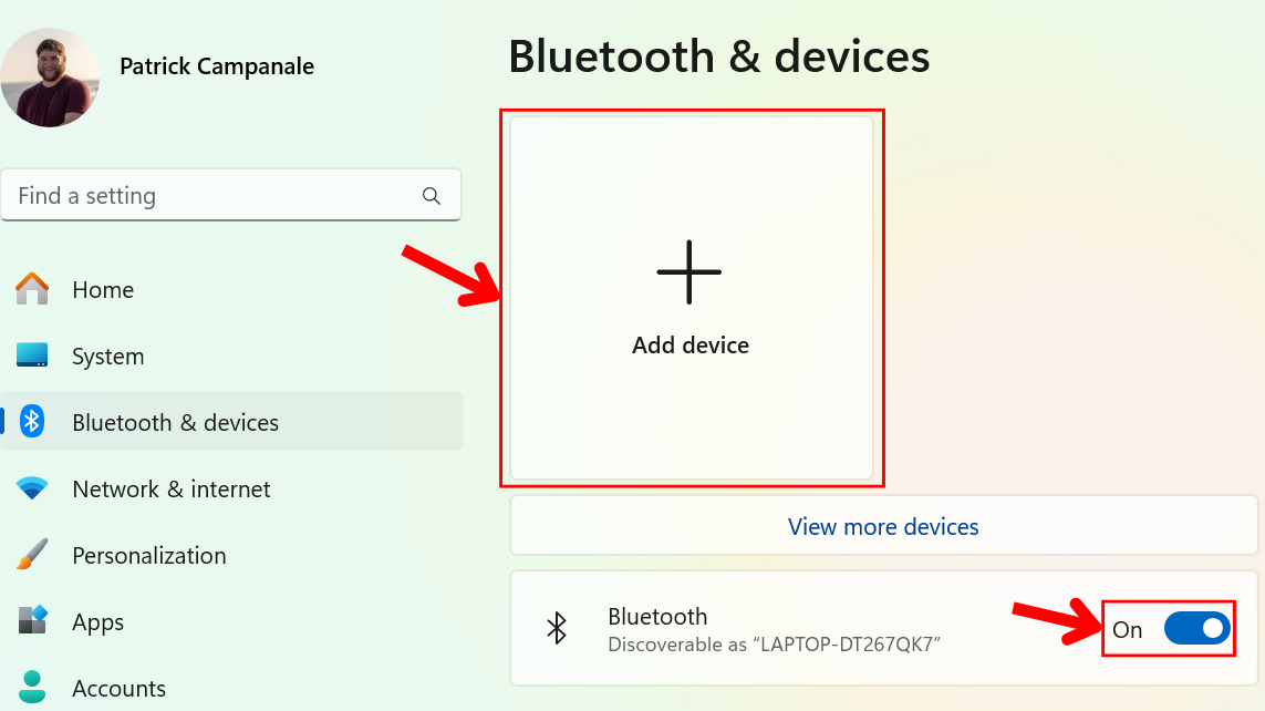 Windows 11 settings panel showing how to turn on Bluetooth and add a new device.