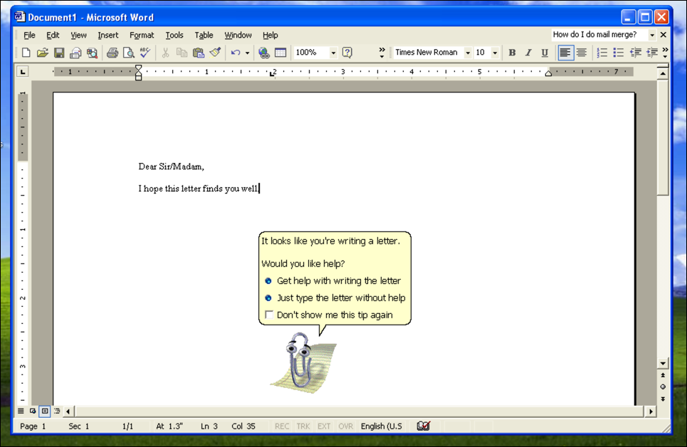 An example of a letter being written in Word, with the Microsoft Assistant in Clippy form offering assistance.