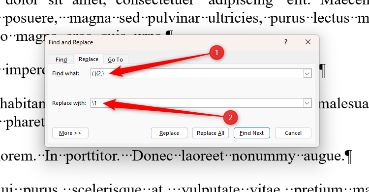 Word's Find And Replace dialog box, with special characters typed into both fields to identify and replace all cases of multiple spacing.