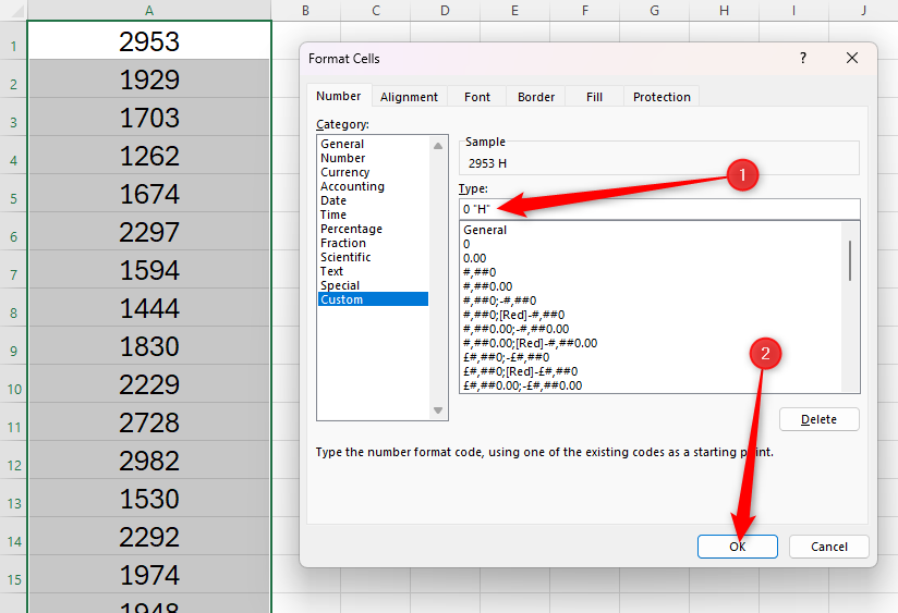 0 'H' is typed into the Custom number format Type field in Excel, and the OK button is selected.