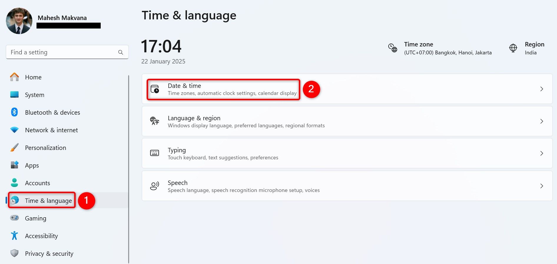 "Time & Language" and "Date & Time" highlighted in Settings.