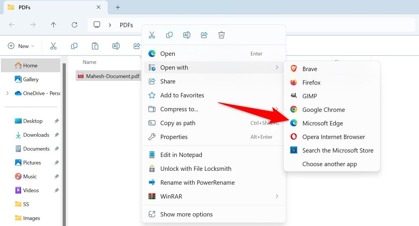 Open With > Microsoft Edge highlighted for a PDF in File Explorer.