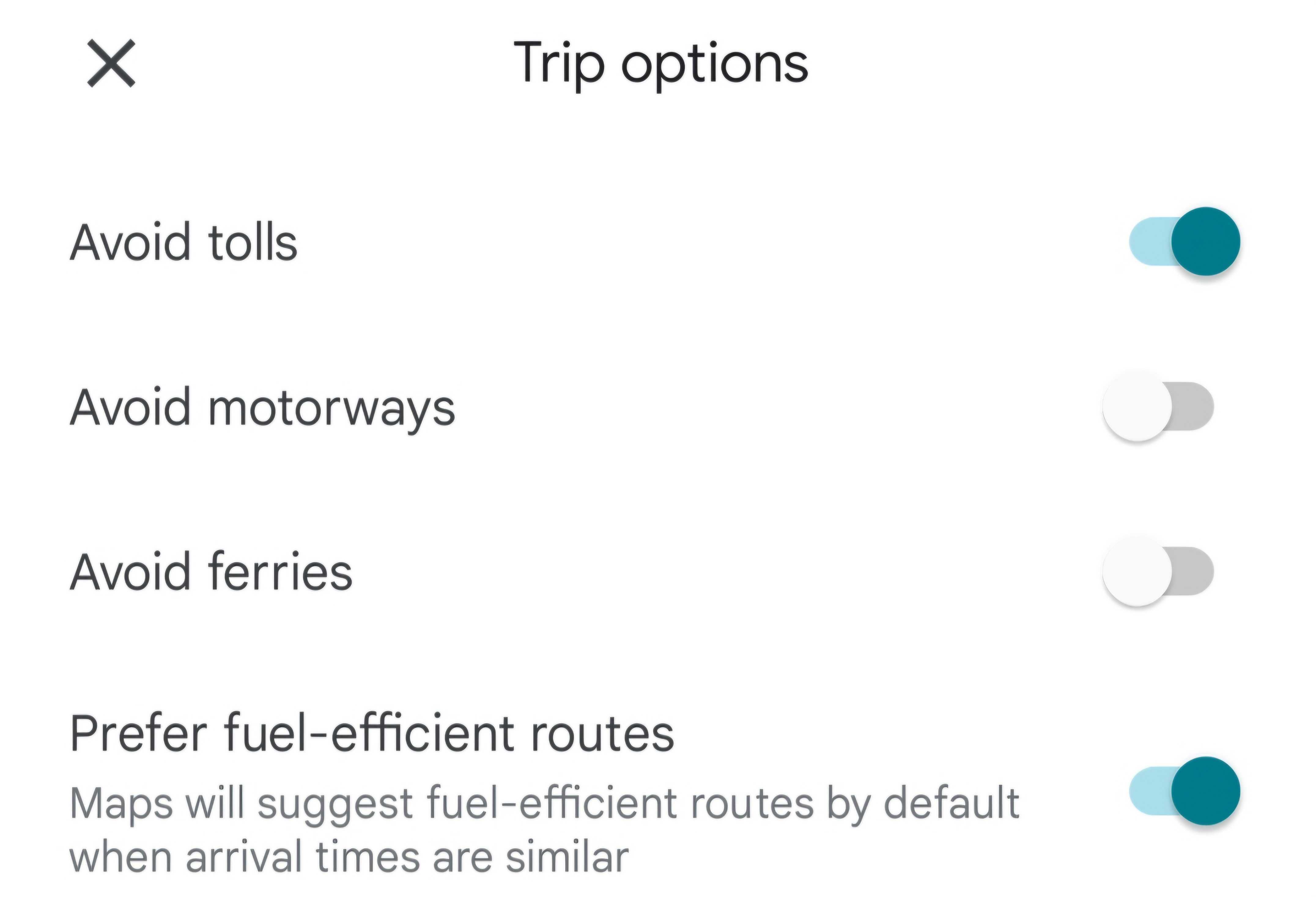 Enabling filters to avoid tolls and get fuel-efficient routes.