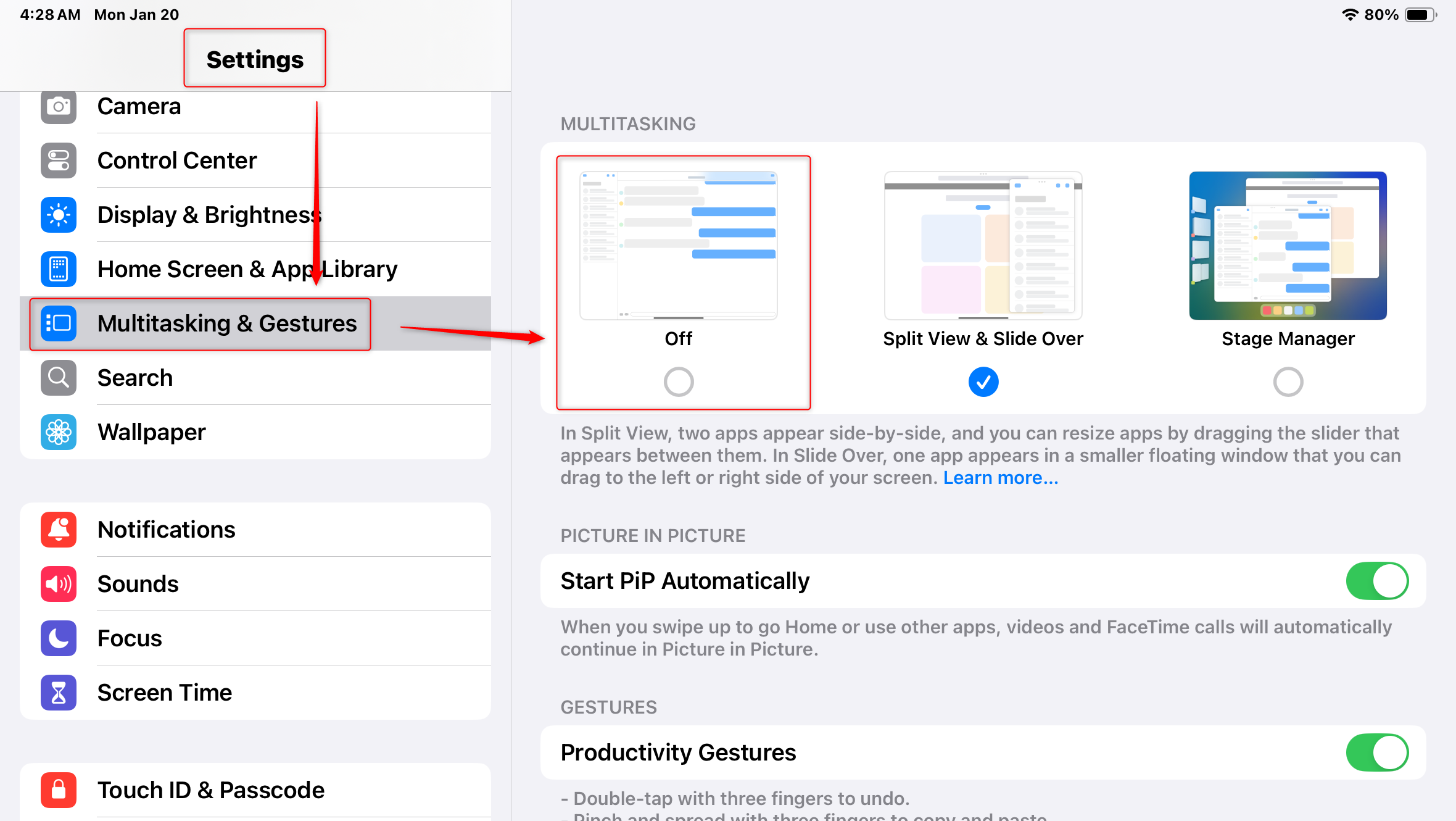 iPad Settings app showing Multitasking and Guestures options.