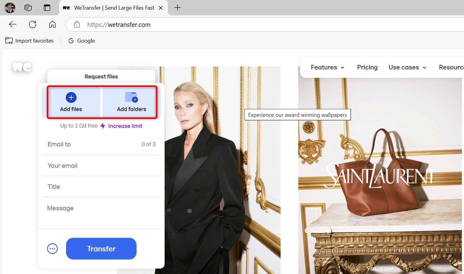 "Add Files" and "Add Folders" highlighted on WeTransfer.
