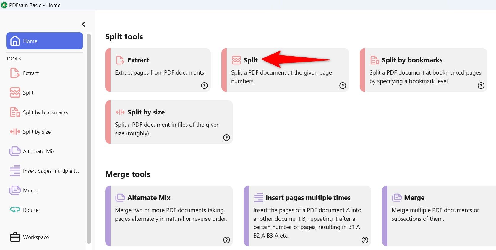 "Split" highlighted in PDF24.