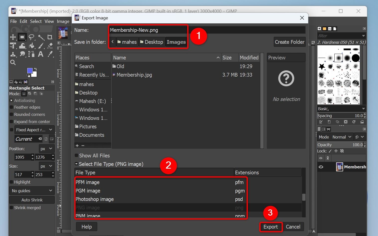 Various options highlighted on the "Export Image" window in GIMP.