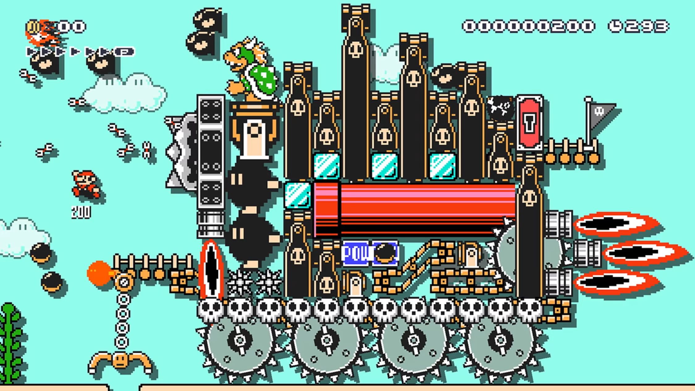 Bowser on a contraption chasing Mario in Super Mario Maker 2.