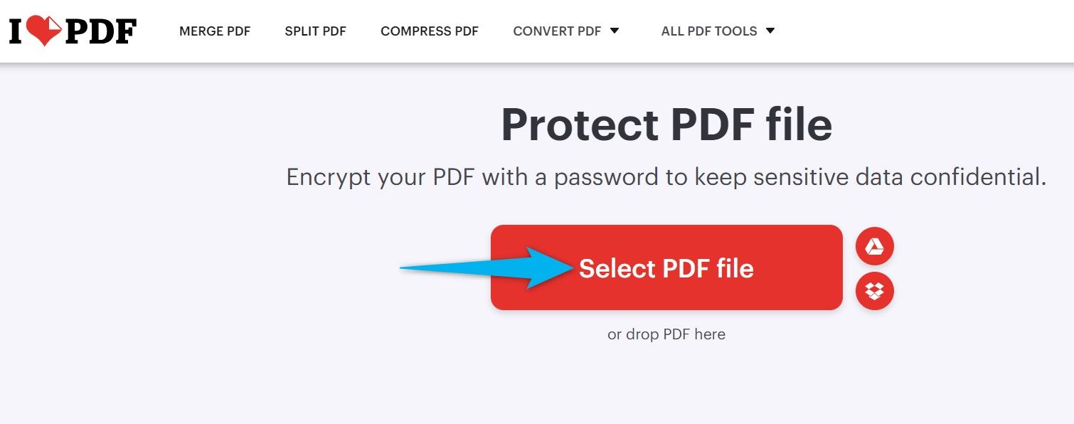 "Select PDF File" highlighted on iLovePDF.