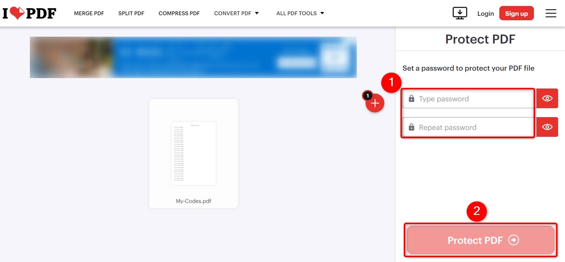 Password fields and "Protect PDF" highlighted on iLovePDF.