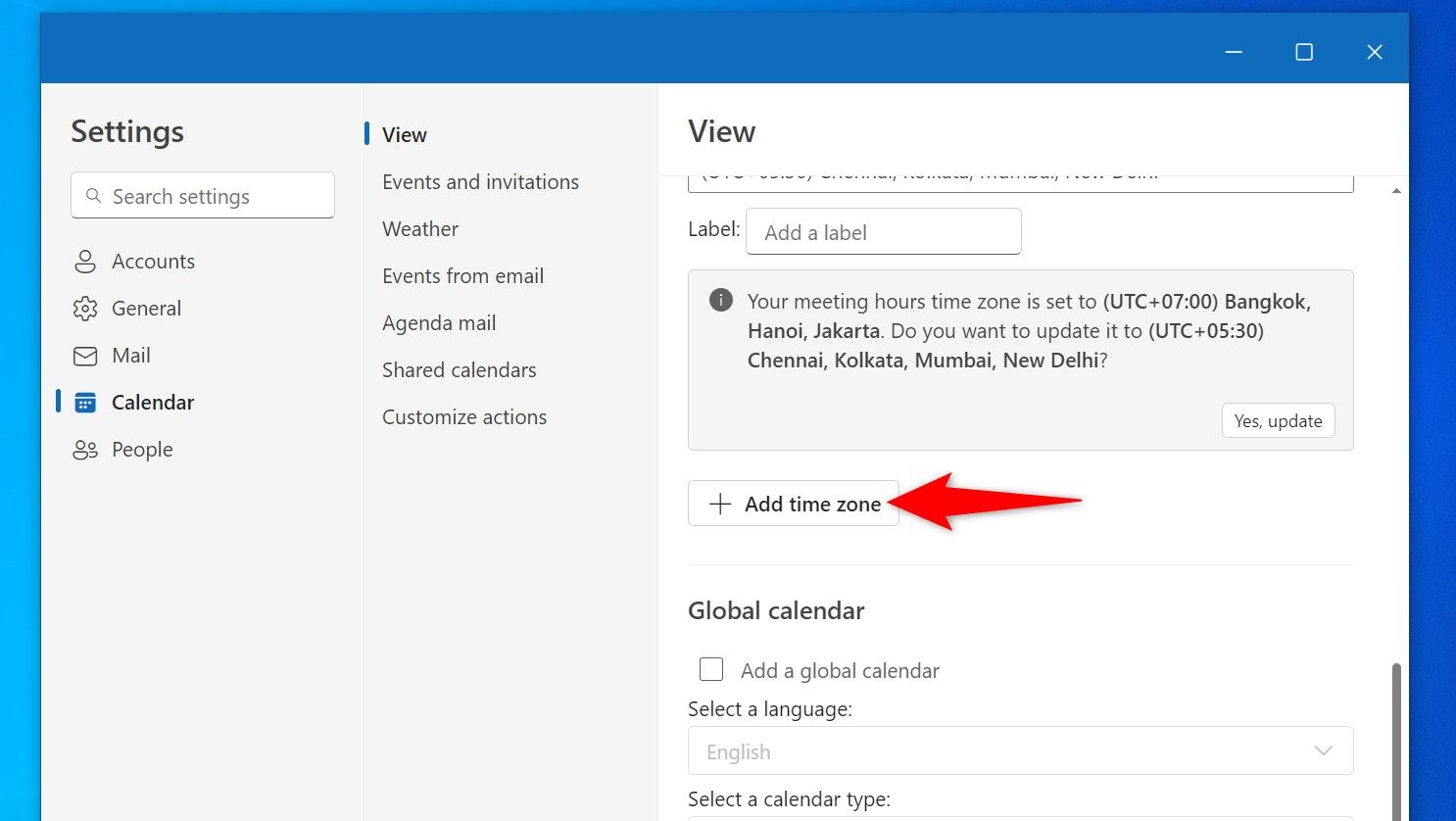 "Add Time Zone" highlighted in Outlook Settings.