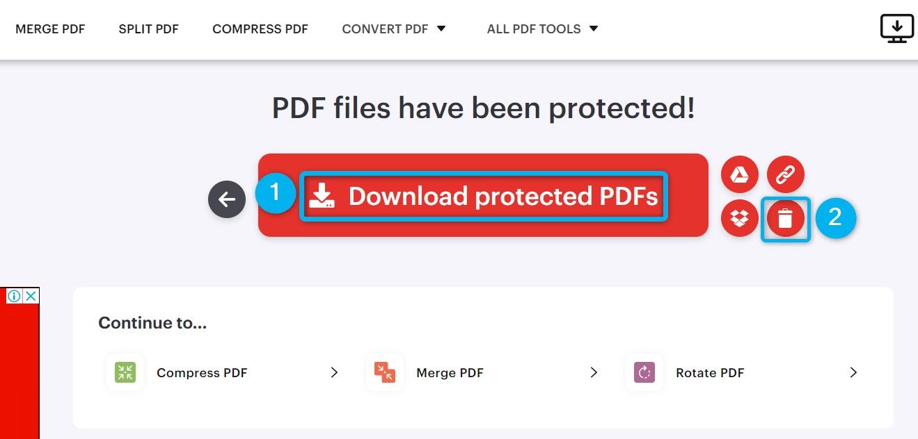 "Download Protected PDFs" and the trash can icon highlighted on iLovePDF.